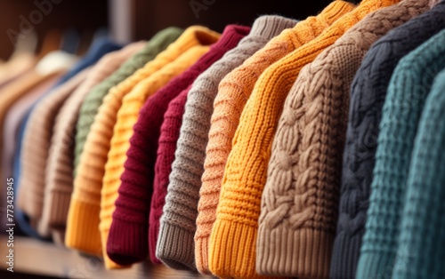 Colorful sweaters line a store rack, creating a vibrant visual spectacle of cozy knits