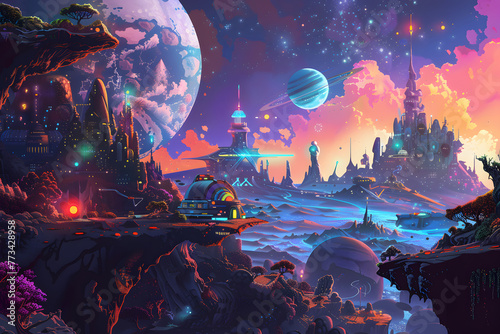 Digital artwork of a vibrant alien landscape with futuristic cities, planets, and stars, blending fantasy and science fiction themes.