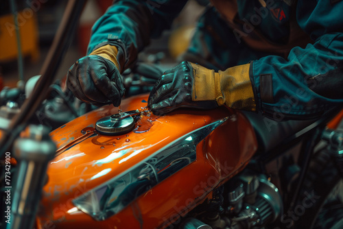 A close-up shot of a mechanic's oil-stained hands meticulously measuring the oil level of a sleek orange motorcycle © Nayan