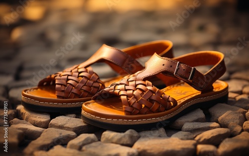 A pair of brown sandals elegantly resting on a stone ground