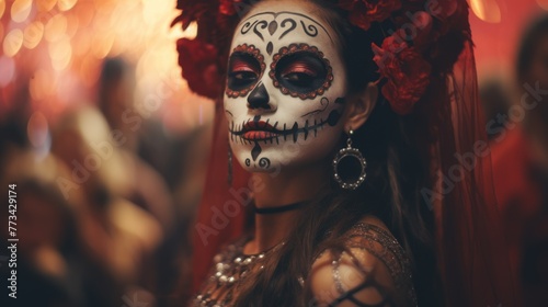 An eerie beauty at Mardi Gras - a woman with sugar skull makeup at the festival, a vision of celebration and darkness.
