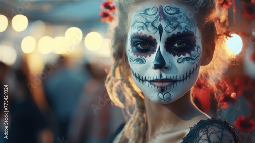 Spooky beauty in focus-a woman with sugar skull makeup at the Mardi Gras festival, embodying Halloween celebration.