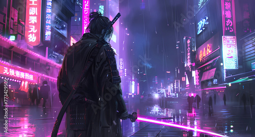 cyberpunk samurai in neon cyber city © ginstudio