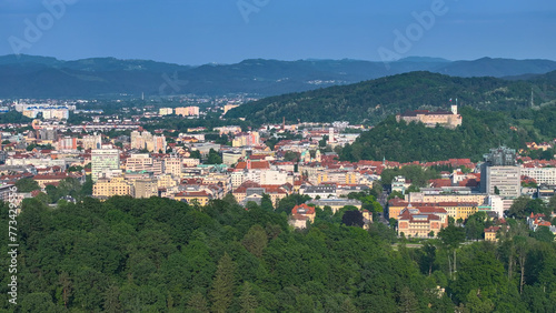 AERIAL: Flying high reveals a view of the castle overlooking downtown Ljubljana.