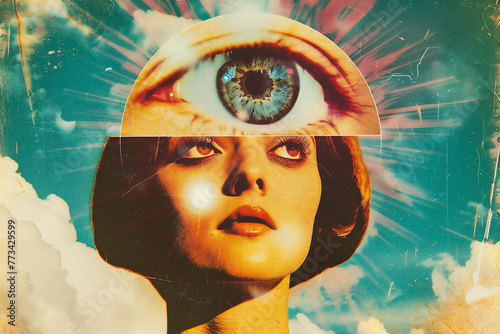 Double exposure of beautiful woman's face and sky background. Collage