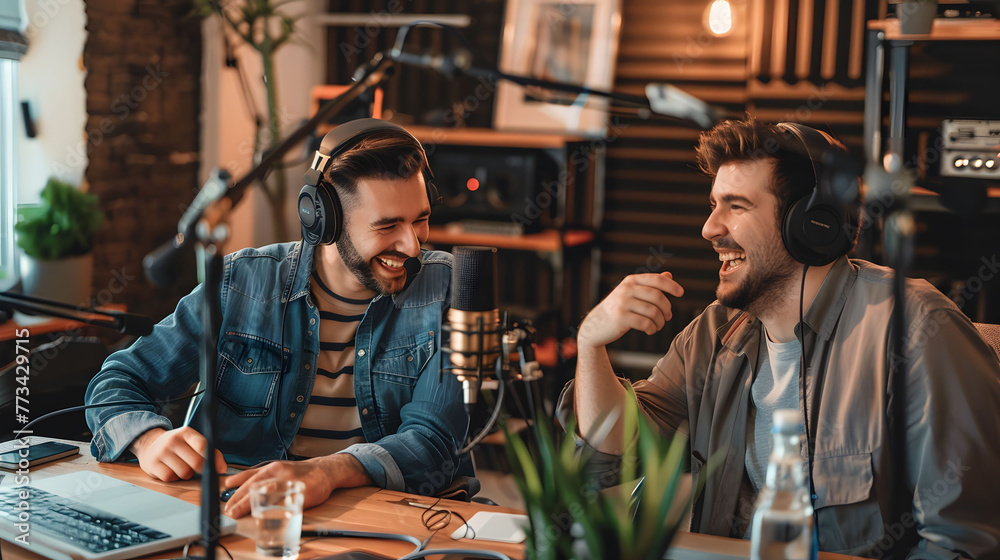 Two young men engaged in lively conversation on a podcast program, wearing headphones and speaking into microphones, enjoying themselves.