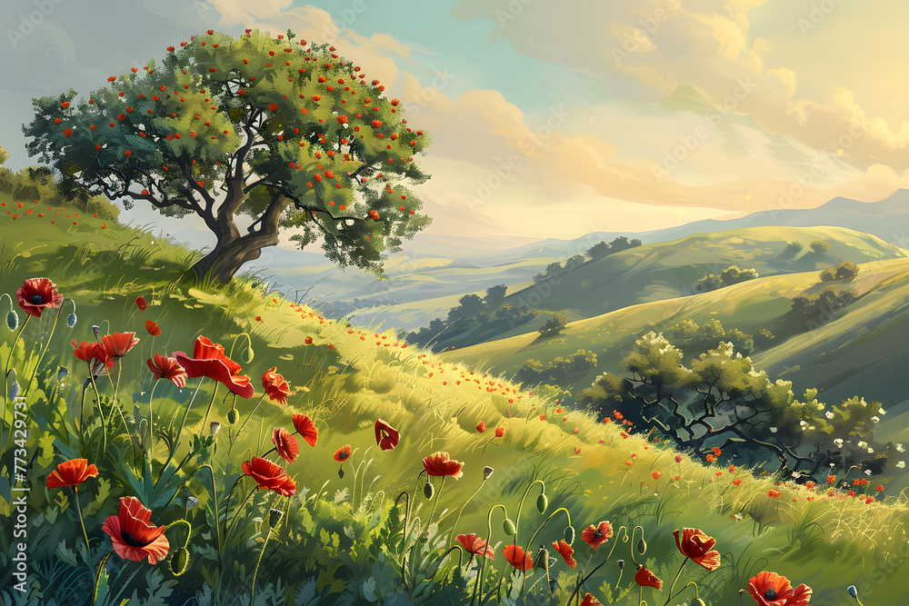 The warm light of golden hour blankets a serene landscape with a lone tree amidst a field of poppies and the undulating hills in the distance.