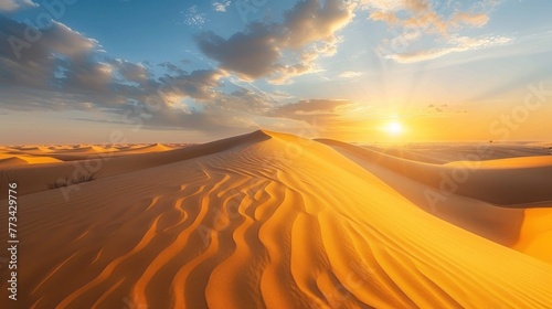 A serene desert landscape, with sand dunes stretching to the horizon, symbolizing the need to protect fragile ecosystems.