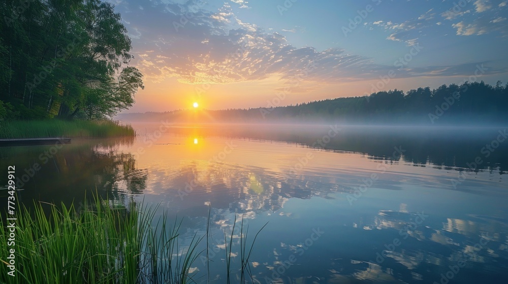 A serene lakeshore at sunrise, with mist rising from the water, inspiring reflection on the importance of protecting natural beauty.