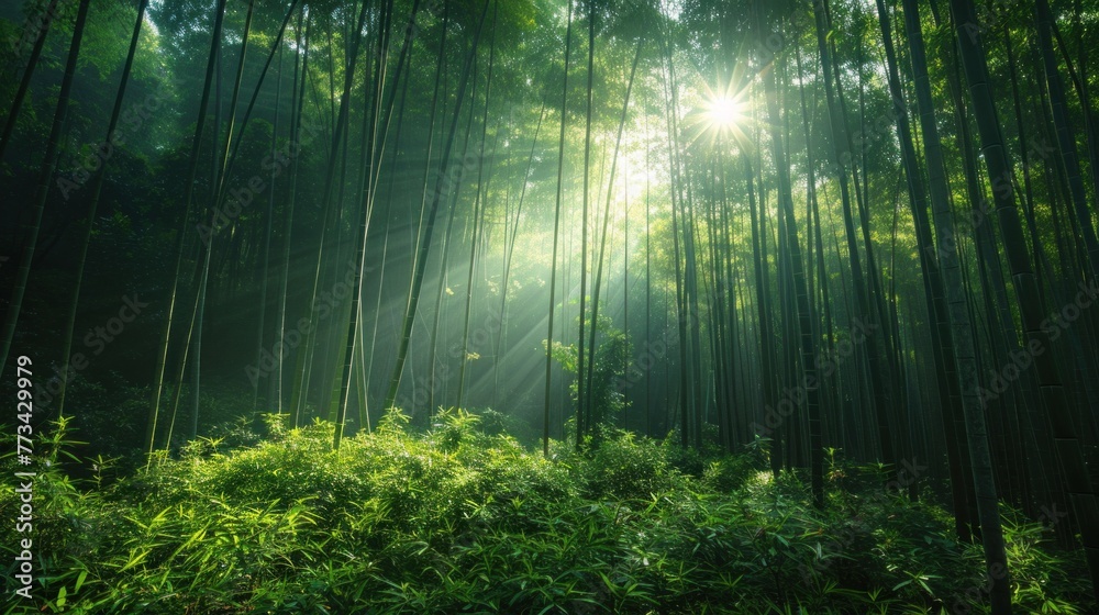 Naklejka premium A tranquil bamboo forest, with sunlight filtering through the dense canopy, symbolizing the resilience of nature in the face of environmental challenges.