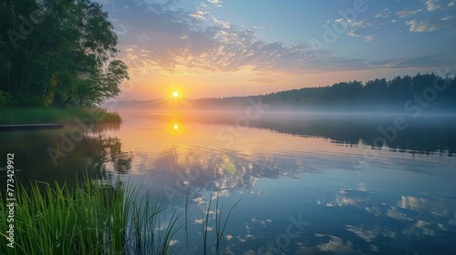 A serene lakeshore at sunrise, with mist rising from the water, inspiring reflection on the importance of protecting natural beauty.