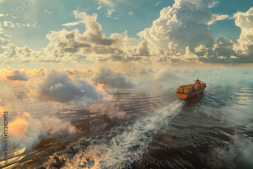 container ship cruises along a cloudswept ocean