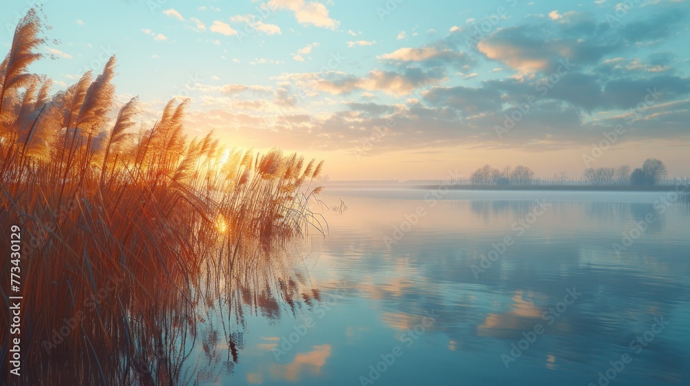 A tranquil lakeside scene, with reeds swaying gently in the breeze, highlighting the importance of preserving wetland ecosystems. - obrazy, fototapety, plakaty 
