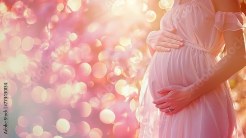 A pregnant woman wearing a pink dress is gently holding her stomach, showcasing the bond between mother and unborn child