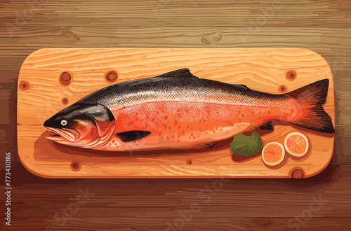 fresh raw salmon on wooden cutting board vector art painting