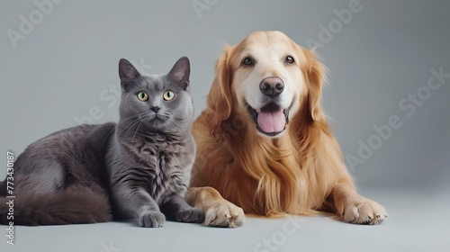 Portrait of a Happy Golden Retriever and a Curious Gray Cat Together. Animal Friendship and Joy Expressed in a Studio. Simple and Elegant Style for Diverse Uses. AI