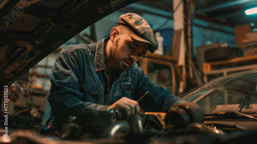 An auto mechanic engrossed in troubleshooting under the hood of a car photo