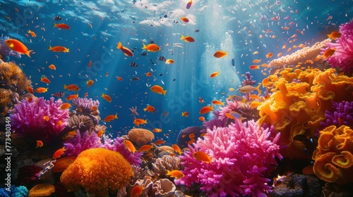 A vibrant coral reef teeming with life, a testament to the delicate balance of marine ecosystems.