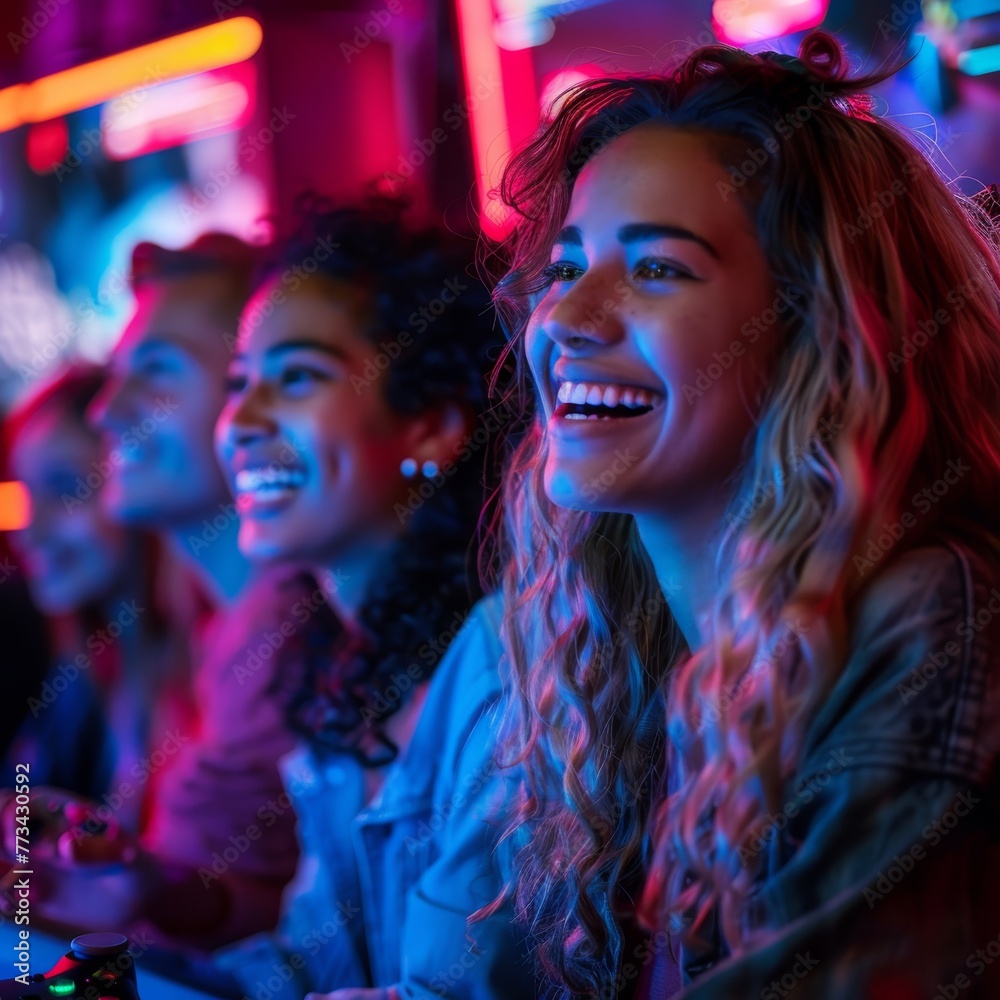 Friends laughing and enjoying a gaming session in vibrant neon lights