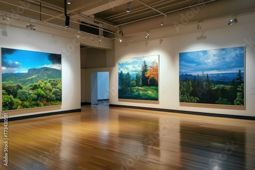 colorful gallery scene with artwork on the walls photo