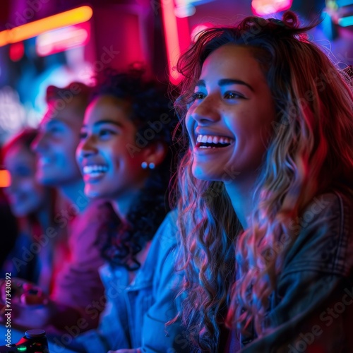 Friends laughing and enjoying a gaming session in vibrant neon lights
