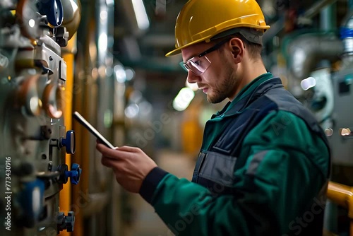 A man in a hard hat and safety glasses carefully examines a tablet device at a construction site. He appears focused and engaged in his work, using the technology to assist in the project photo