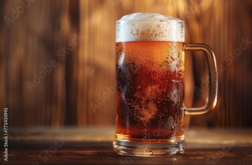 close up photo of beer in glass mug with handle on black table, wooden background Generative AI