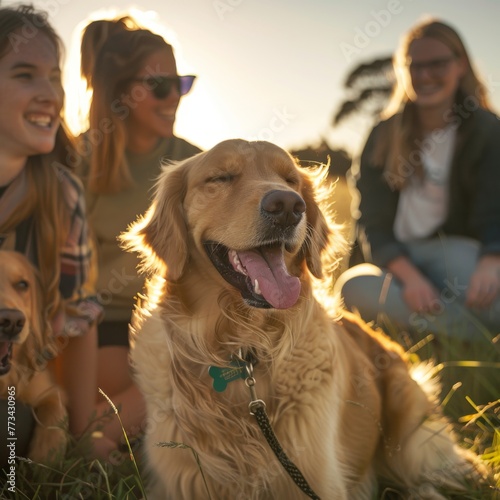Group of happy friends with guide dogs enjoying sunset in nature