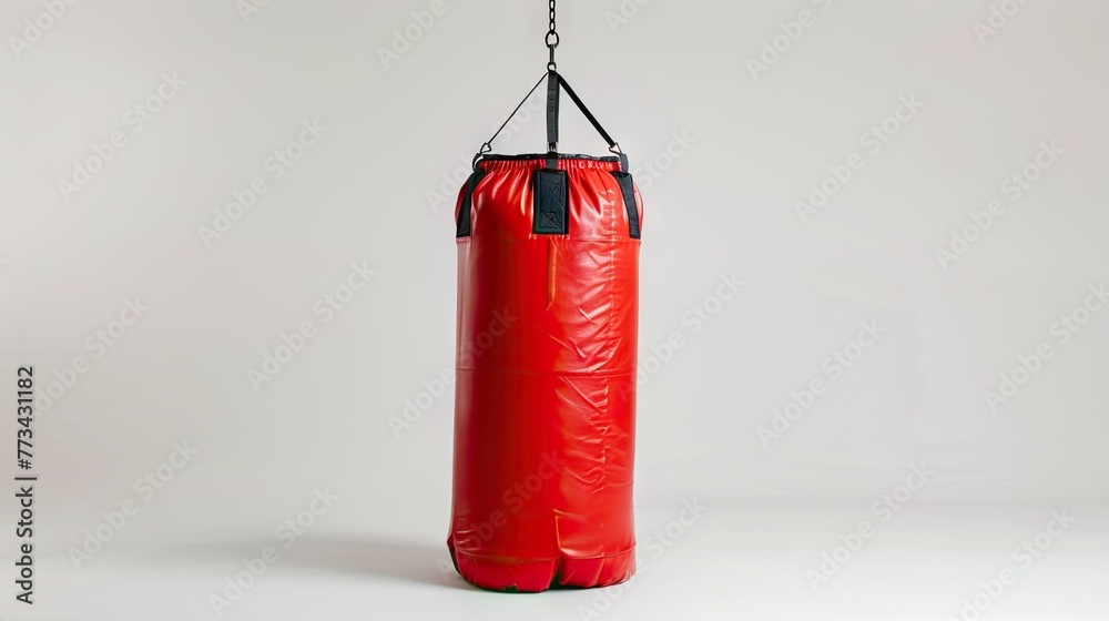 Ignite your fitness journey with a studio-shot red punching bag against a pristine white backdrop, embodying strength and determination. Ignite your fitness journey with a studio-shot red punching bag against a pristine white backdrop, embodying strength and determination.