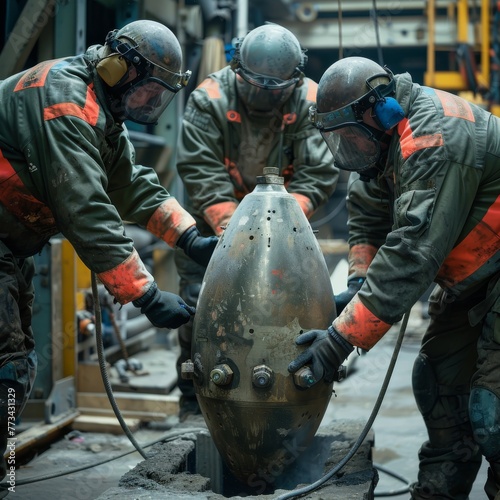 A team of bomb disposal experts during a training session, carefully disarming an ordnance photo