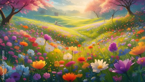 spring meadow brimming with colorful flowers. photo