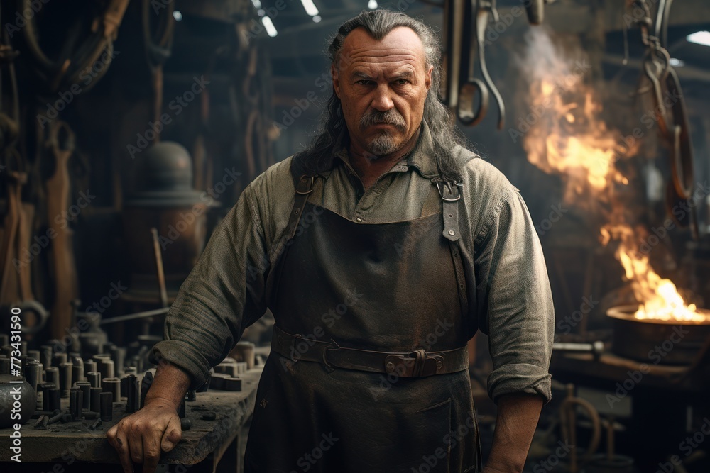 Authentic senior artisan, beard and mustache, engages in the traditional trade with a burning crucible. Authentic senior artisan, beard and mustache, engages in the traditional trade with a burning crucible.
