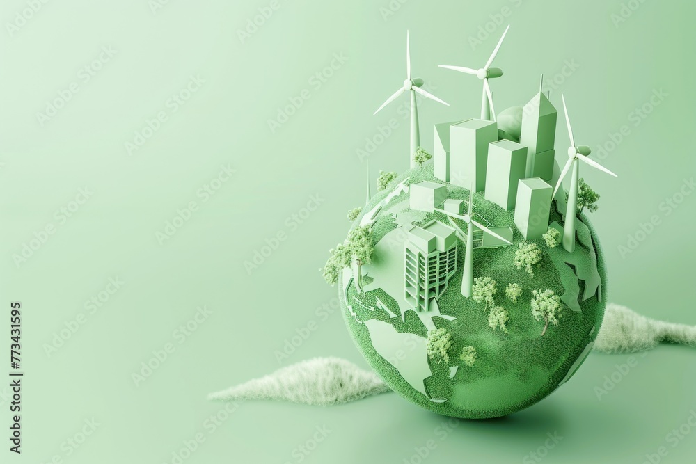 3d rendering of an ecofriendly planet with wind turbines - obrazy, fototapety, plakaty 