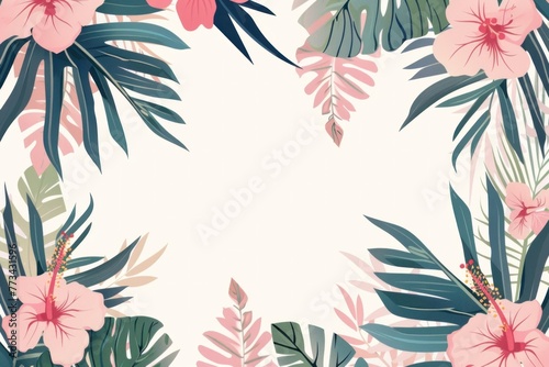Tropical floral border with leaves and flowers on white background vector illustration