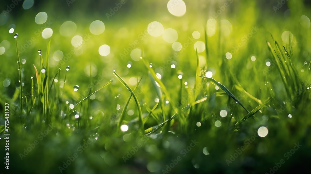 Fototapeta premium a beautiful spring landscape with dew on the grass in a forest glade after rain, sunlight and beautiful nature