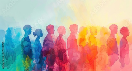 A group of diverse people silhouette in new normal wearing masks. AI generated illustration