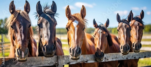 A group of horses in various colors and sizes, all standing close together behind the wooden fence at an horse farm on sunny day. AI generated illustration photo