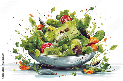 Fresh salad with flying vegetables ingredients isolated on transparent background