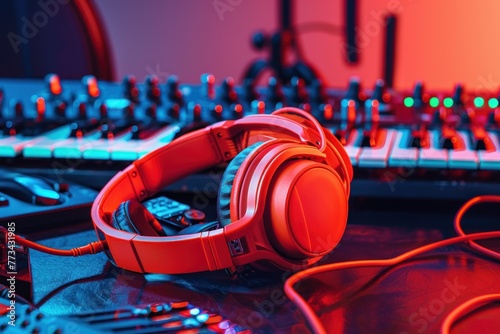 Product photography of an orange pair headphones