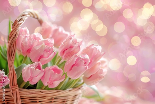 A basket of pink tulips on the background with bokeh