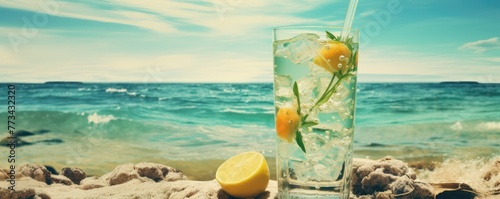 refreshing cocktail on a sandy beach with a slice of orange, a scenic tropical backdrop enhances the summer vibe