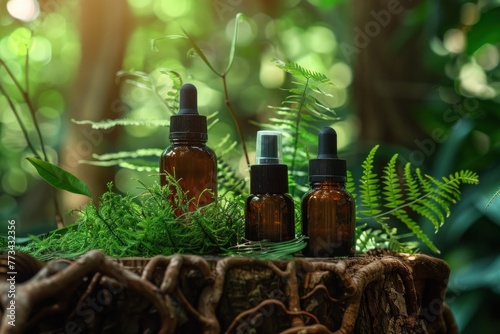 Two brown glass bottles of face cream stand on an old wooden branch surrounded by green plants and tree roots