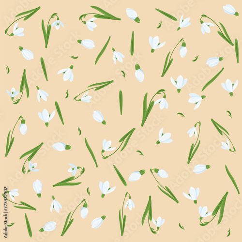 Spring pattern. Set of snowdrops. Spring composition of snowdrops. Spring flowers. Vector illustration on a yellow background.