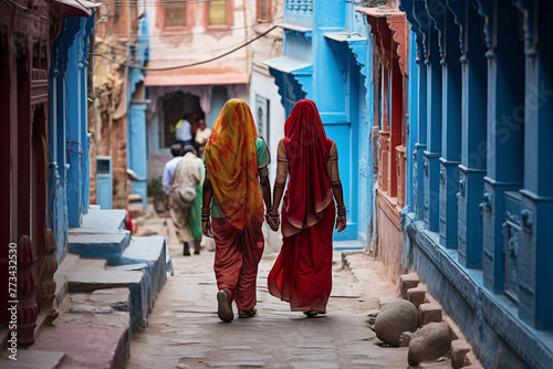 Indian women in colorful sari on city street