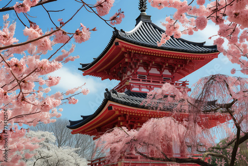 Traditional red pagoda of Japan is surrounded by blossoming sakura cherry trees in spring Generative AI photo