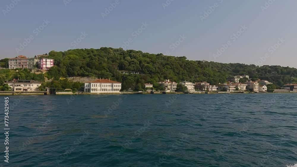 Seascape with a view from the water to the coast of Istanbul. The ship sails past the shore. Seascape with a view from the water to the coast of Istanbul. The ship sails past the shore.