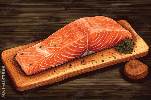 fresh raw salmon on wooden cutting board vector art painting fillet