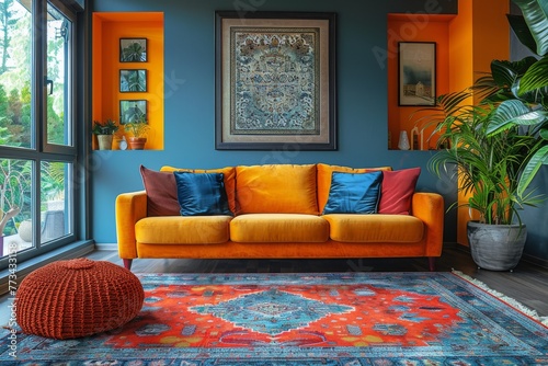 Modern Indian living room with vibrant colors and cozy decor