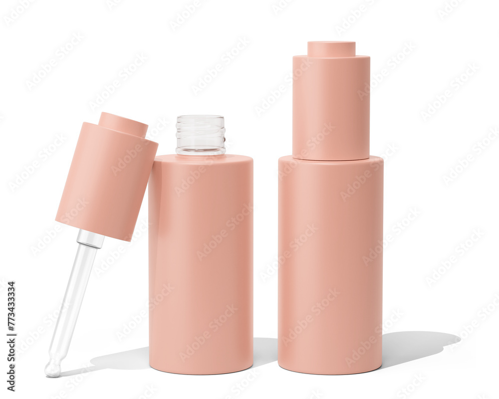 Blank pink color cosmetic flat cap dropper bottle Isolated On Transparent Background. cosmetic packaging. 3D Render. Blank pink color cosmetic flat cap dropper bottle Isolated On Transparent Background. cosmetic packaging. 3D Render.