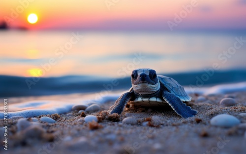 A cute baby turtle burrowed in the ground with only its head sticking out, sandy beach shore